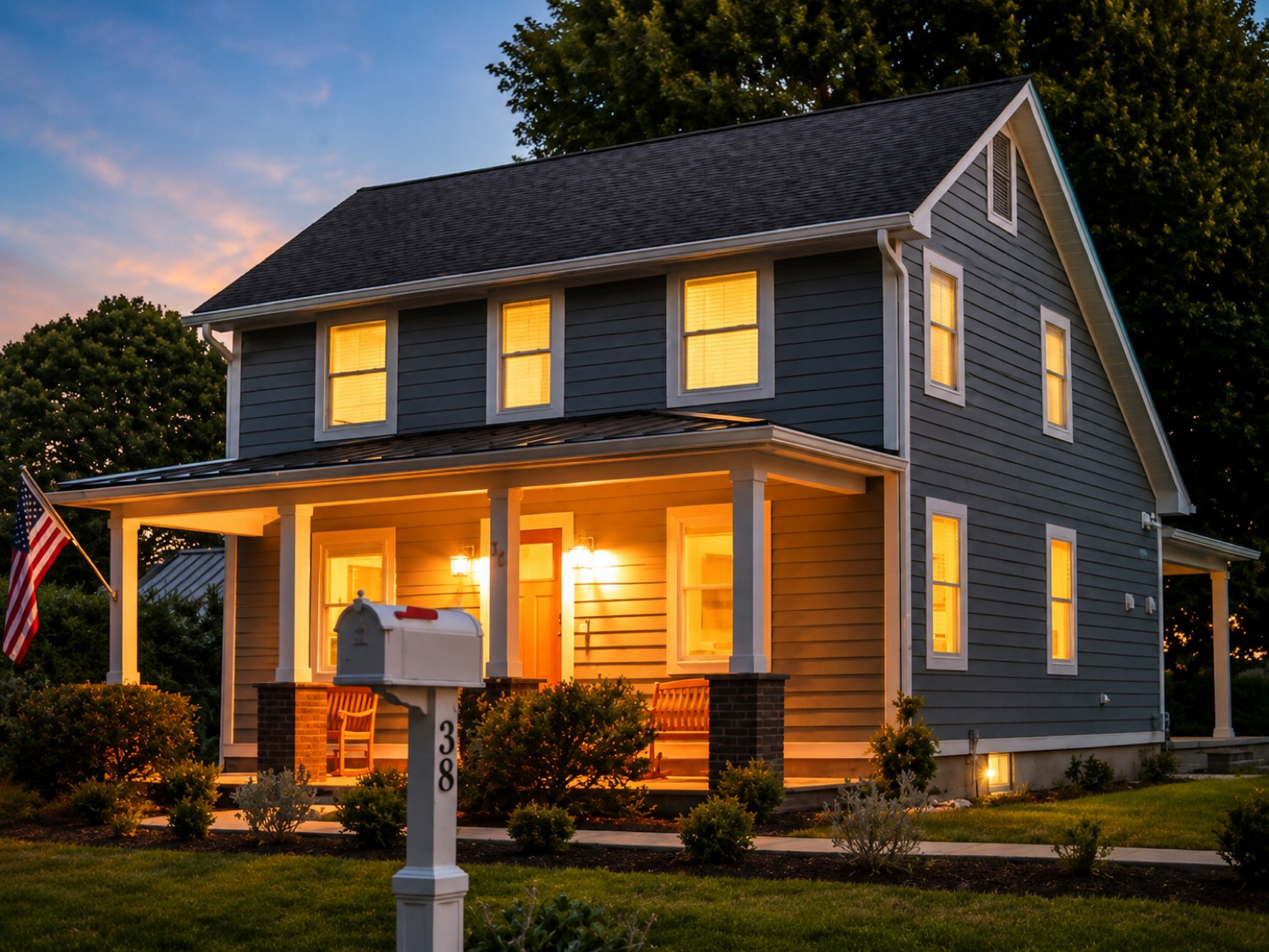 Polo Field Farmhouse at dusk with the porch lights on